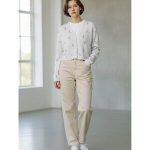 bp Women's White Cropped Cardigan with Pink Floral Cottagecore Coquette Grandmac
